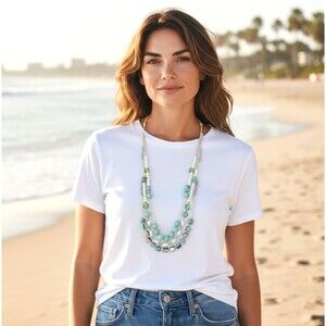 J. Jill Multi-Strand Necklace Aqua Ivory Layered Beaded Glass Pearl Ocean Sea